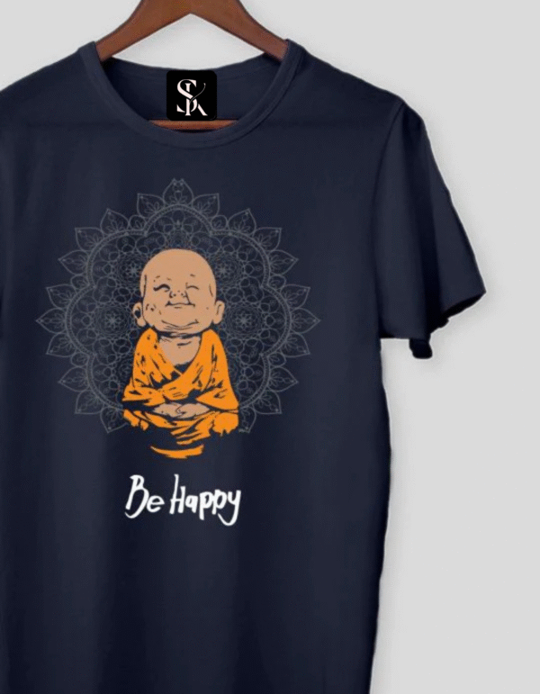"Be Happy Monk Graphic T-Shirt – Navy Blue" 100% Cotton T-shirt - Image 2