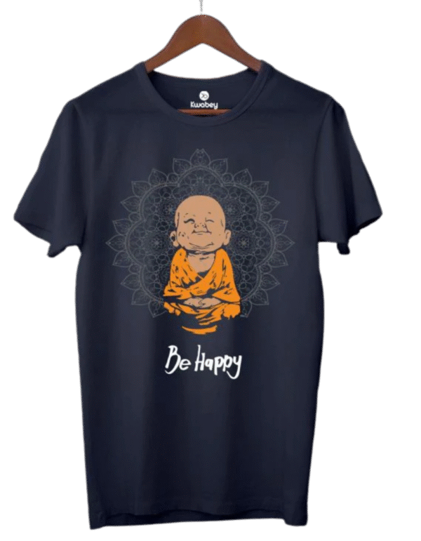 "Be Happy Monk Graphic T-Shirt – Navy Blue" 100% Cotton T-shirt