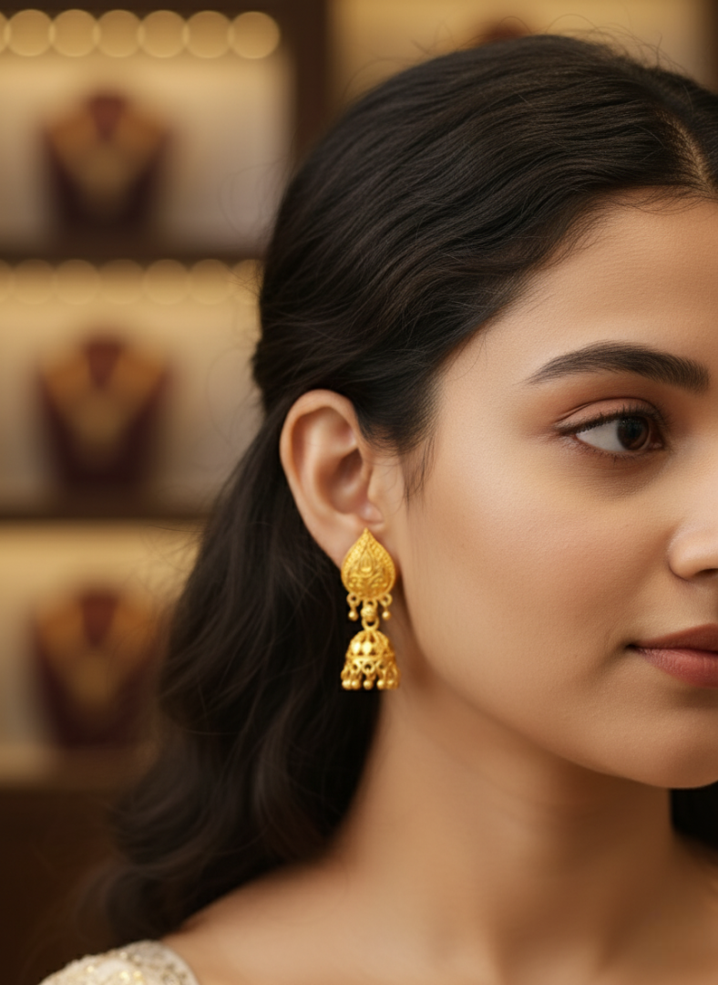 Traditional Gold Jhumka Earrings - Image 2